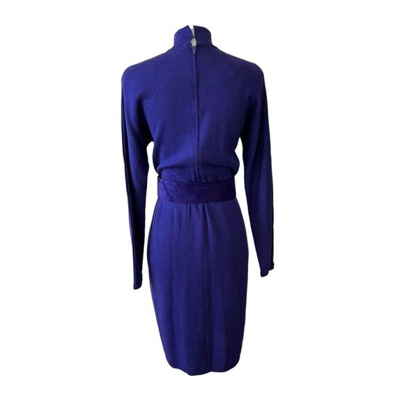 ST JOHN VTG 80S DRESS SANTANA KNIT TULIP PLEATED FRONT BELTED MOCK NECK PURPLE 4 - Picture 7 of 13